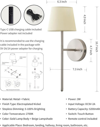 Wall Sconces Battery Operated Set of Two, Small Rechargeable Wall Lights with Remote, 5200mAh Fabric Shade Cordless Wall Lamp for Bedroom, Hallway, Living Room, Dining Room, Picture (Silver)