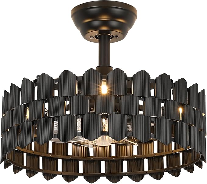 20 Inch Black Caged Ceiling Fan, Black Fandelier Ceiling Fan with Light with 6-Speed Motor, Ceiling Fans with Lights and Remote for Bedroom, Living Room, Dining Room