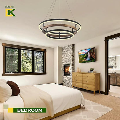 Benkut Modern LED Chandelier Black Dimmable 3 Ring Pendant Light for Dining Room, Kitchen Chandelier Circular with Remote Control Flush Mount High Ceiling Light for Living Room, 3000K-6500K