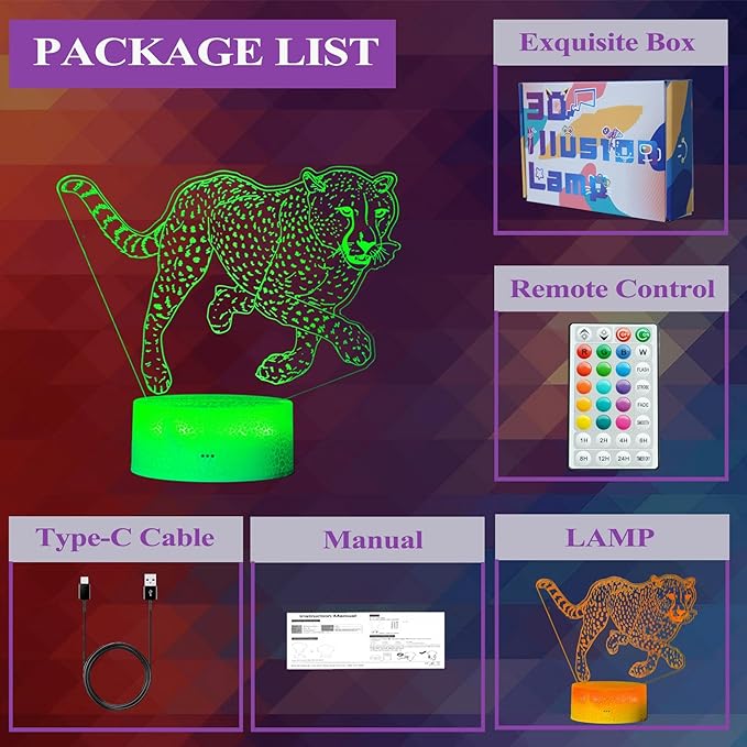 Cheetah Night Light, 3D Illusion Lamp with 16 Color Changing Modes, Remote Control Timer and Dimmable, Kids Boys Girls Room Decoration, Holiday Xmas Gifts