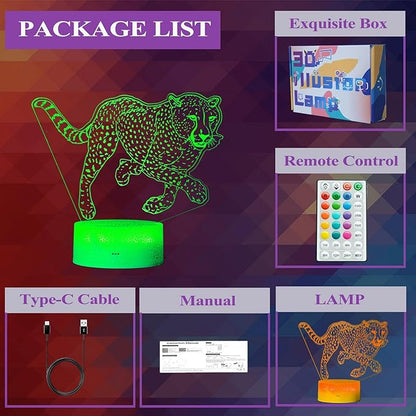 Cheetah Night Light, 3D Illusion Lamp with 16 Color Changing Modes, Remote Control Timer and Dimmable, Kids Boys Girls Room Decoration, Holiday Xmas Gifts
