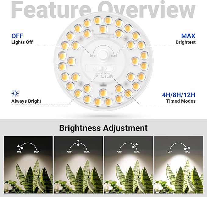 Barrina Orbgrow OG11A Grow Light Bulbs for Indoor Plants, Integrated Dimming & Timing, 4000K 33W(3 x 11W, 300 Watt Equiv), E26 Plant Light Bulb, Full Spectrum for Seeds and Greens, 3 Packs, White