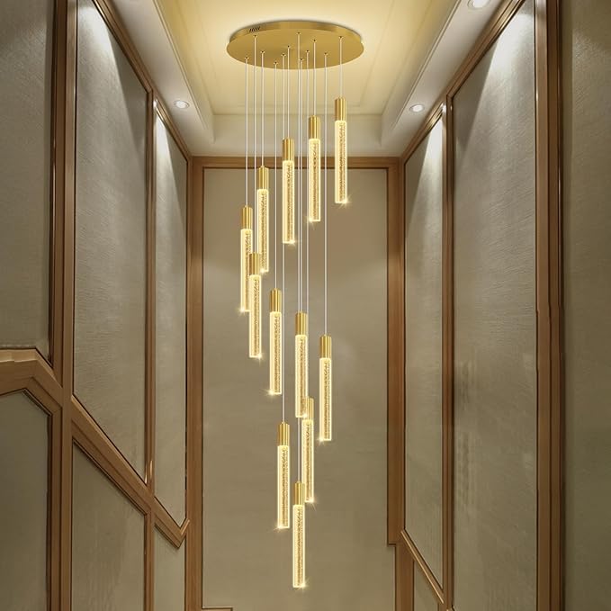 Luxury 12 Light Modern Crystal Pendant Light - 118" High Ceiling Gold LED Dimmable Pendant Light for Bedside Island Kitchen Living Room