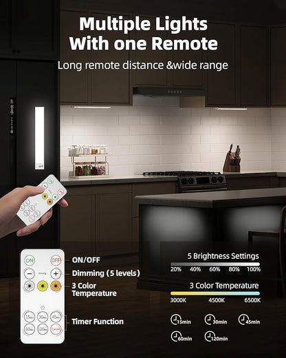 12inch Under Cabinet Lighting with Remote, 2400mAh Rechargeable Motion Sensor Light Indoor, Wireless Closet Lights, Dimmable, 3 Color Temps, Magnetic for Kitchen, Stairs (4 Pack)