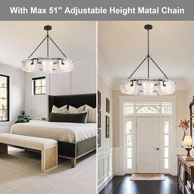 26.5" Black Glass Chandeliers for Dining Room,12-Light Large Modern Textured Glass Drum Chandelier, Crystal Round Hanging Light Fixture Over Table for Living Room Hallway Bedroom Kitchen,E12