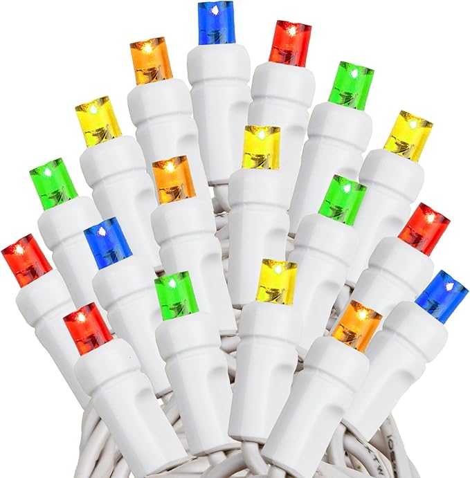 Novelty Lights 25ft Christmas String Lights, 50 Multicolor LED Bulbs on White Wire, 6" Spacing, Connectable Indoor Outdoor Commercial Grade Lighting for Holidays Patio Weddings