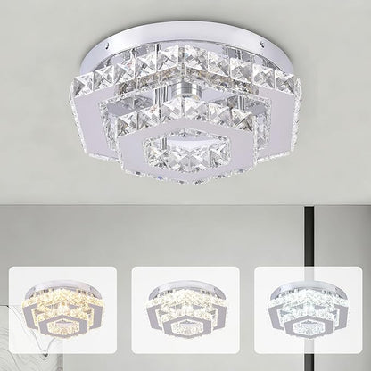 Modern Hexagon K9 Crystal LED Flush Mount Ceiling Light, 45W 3600LM 3-Color, Luxury 2-Layer Stainless Steel Chandelier for Bedroom Living Room Hallway Bathroom
