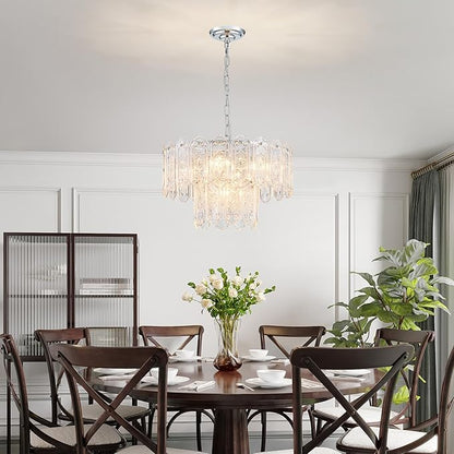 5-Lights Luxury Glass Chandeliers, Mid-Century Modern Chandeliers for Dining Room, D18.5'' × H18.9'', Adjustable Height (18.9"~51.2"), Chrome Finish Frame & Double Figured Glass Shade