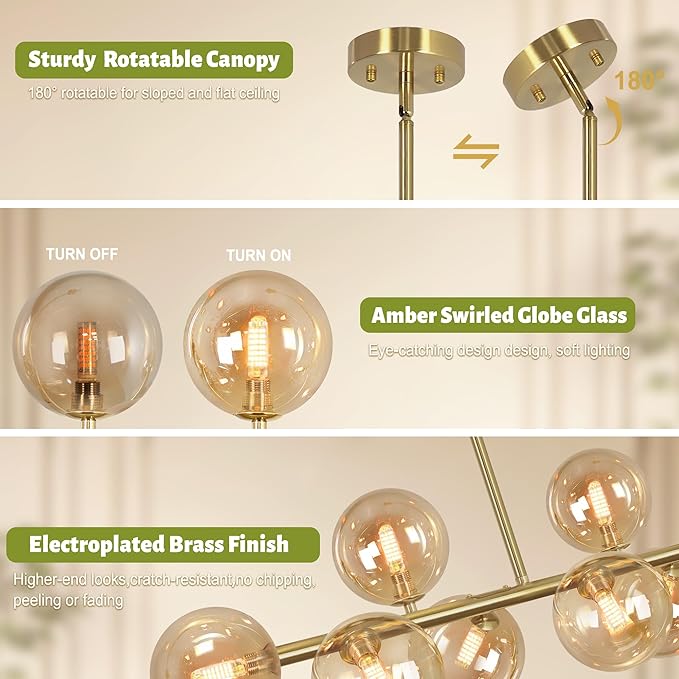 Gold Linear Chandeliers for Dining Room, 8-Light Amber Glass Globe Chandelier Modern Sputnik Chandelier Mid Century Dining Room Light Fixture Pendant Kitchen Island Lighting, Electroplated Brass, 37"