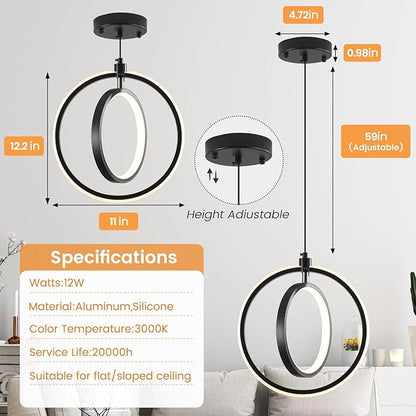 Modern LED Pendant Lights, 2 Pack Ring Pendant Light Fixtures for Kitchen Island, 3000K Warm White Pendant Lighting for Dining Room, Living Room, Bedroom, Bathroom