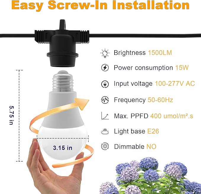 LED Grow Light Bulbs on a 22 ft Rainproof String, 90W Waterproof Full Spectrum Hanging Plant Growing Lamps, E26 Base for Backyard, Garden, Farm (6 Lights)