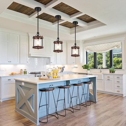 SGLfarmty Farmhouse Pendant Light for Kitchen Island, 1 Pack Rustic Black and Wood Light Fixtures with Glass Shade, Blown Pendant Lamps Over Table, Farmhouse Hanging Light for Dining Room, Sink, Bar