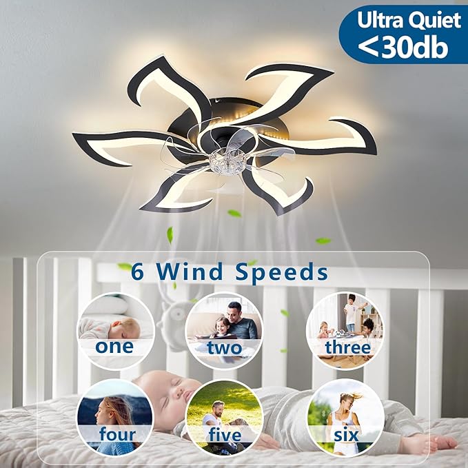 32" Black Geometric Modern 6-Head Ceiling Fan with Lights Remote Control, Low Profile Ceiling Fan with Light for Kitchen Bedroom Living Room