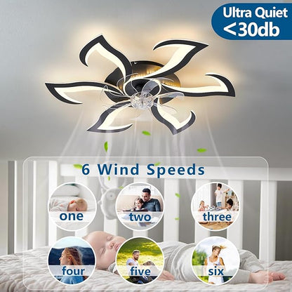 32" Black Geometric Modern 6-Head Ceiling Fan with Lights Remote Control, Low Profile Ceiling Fan with Light for Kitchen Bedroom Living Room
