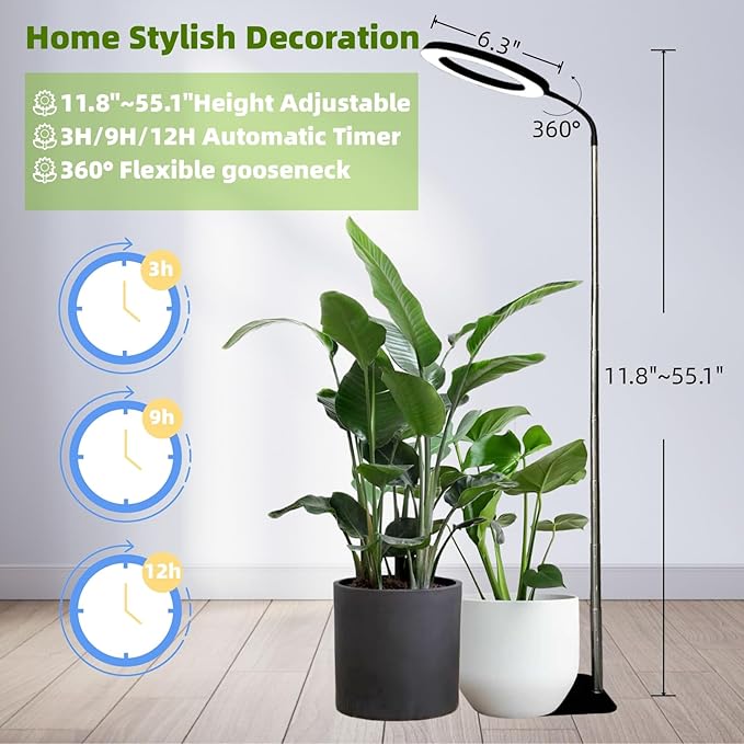 LED Grow Light for Indoor Plants, Full Spectrum led Grow Light,55 inches Adjustable Height,Growing Lamp with Timer,Dimmable Brightness, Ideal for Tall Plants
