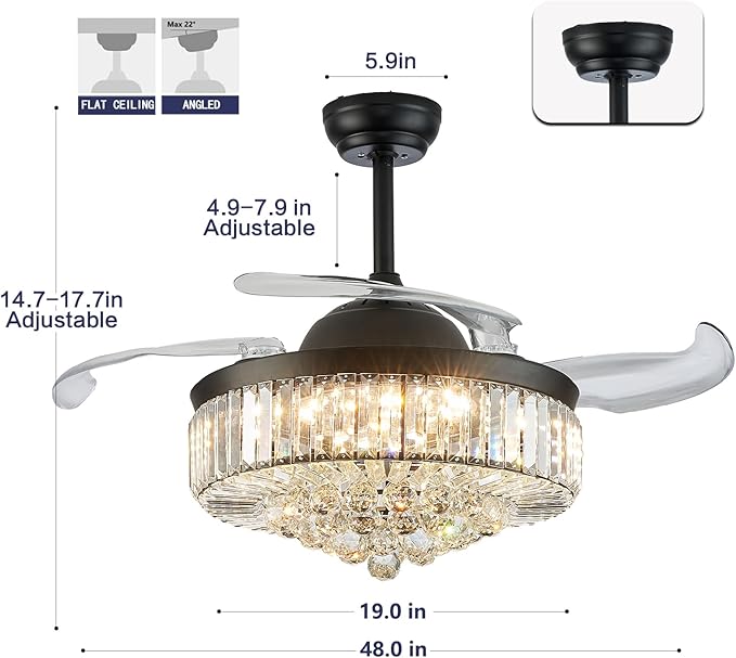 DuMaiWay 48" Dimmable Crystal Ceiling Fan Chandelier with Remote 6 Speeds, 4 Blades Retractable Fans for Bedroom Living Room Dining Room-Black