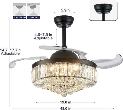 DuMaiWay 48" Dimmable Crystal Ceiling Fan Chandelier with Remote 6 Speeds, 4 Blades Retractable Fans for Bedroom Living Room Dining Room-Black