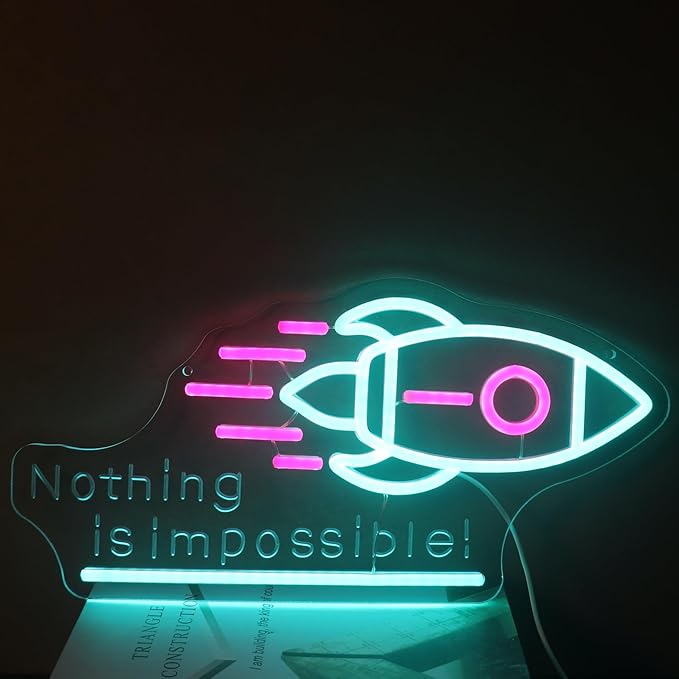 "Nothing Is Impossible!" Rocket Neon Light for Gaming Room Office – Motivational LED Wall Art, Dimmable USB Space-Themed Decor for Study Gym, Inspiring Gift for Gamers Teens Entrepreneurs