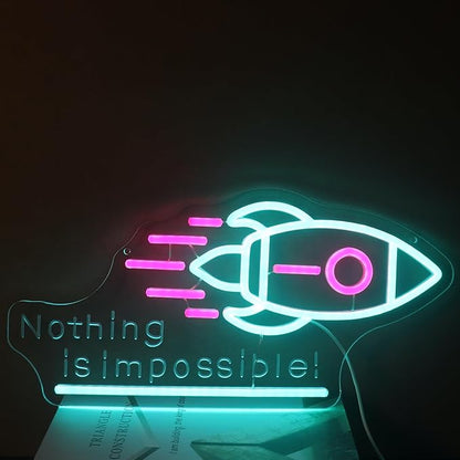 "Nothing Is Impossible!" Rocket Neon Light for Gaming Room Office – Motivational LED Wall Art, Dimmable USB Space-Themed Decor for Study Gym, Inspiring Gift for Gamers Teens Entrepreneurs