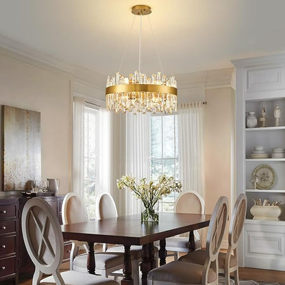 Modern Crystal Chandelier, 12 Lights Luxury Gold Round 2-Tiers K9 Crystal Raindrop Chandelier, Dimmable Crystal Ceiling Light for Dining Room Living Room Kitchen Entryway Foyer D19.7''
