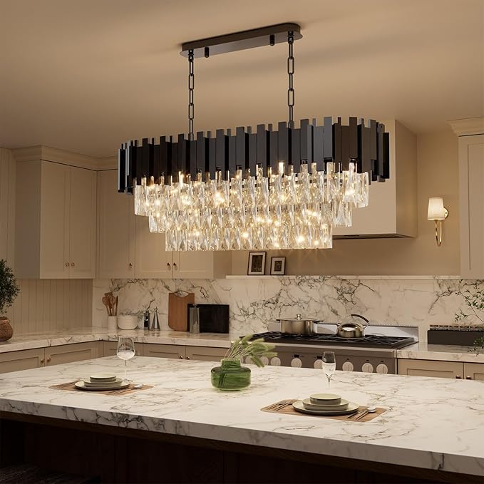 32" Black Rectangular Crystal Chandelier, Modern Flush-Mount 8-Light Ceiling Light Fixture, K9 Raindrop Luxury Pendant Lighting for Dining Room Living Room