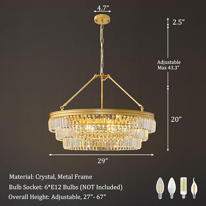 Gold Modern Round Crystal Chandelier: 28" K9 Crystal 6-Light Contemporary Chandeliers for Dining Room Light over Table - 3 Tiers Light for Bedroom Living Kitchen Entryway Foyer E12 Socket Exclude Bulb