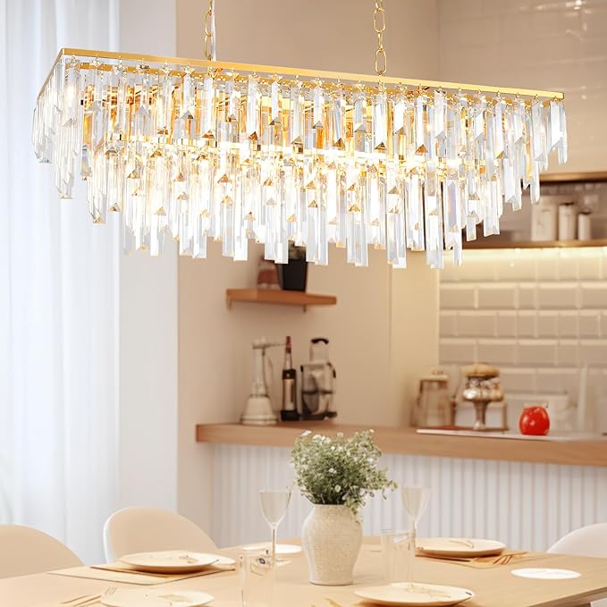 Modern Gold Rectangle Chandelier, 10 Lights Linear Luxury Crystal Chandelier Top K9 Crystal Rectangular Ceiling Pendant Light Fixture for Dining Room Kitchen Table Living Room
