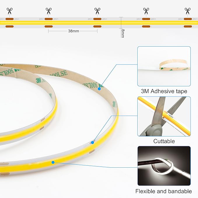 AXMOTUT 65.6ft COB LED Strip Light Natural White, High Bright LED Strips with 320LEDs,RF Remote and UL Power Supply,4000K Dimmable LED Lights for Bedroom,Kitchen,DIY Home Decoration, 2 Rolls of 32.8ft