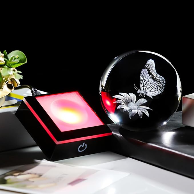 Arikyrist 3D Crystal Ball Butterfly Flower Figurine with LED Base, Laser Butterfly Gifts for Women Men, Glass Butterfly Statue Ball Night Light for Christmas Birthday Home Decor (80mm)