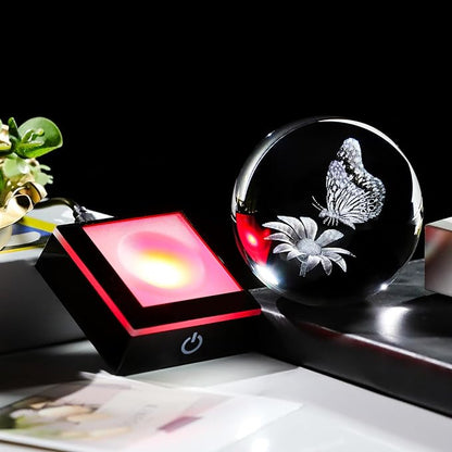 Arikyrist 3D Crystal Ball Butterfly Flower Figurine with LED Base, Laser Butterfly Gifts for Women Men, Glass Butterfly Statue Ball Night Light for Christmas Birthday Home Decor (80mm)