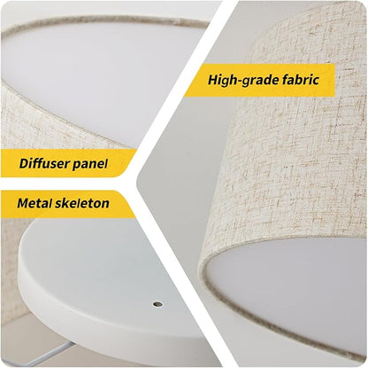 16-Inch Flush Mount Ceiling Light Fixture with Linen Fabric Shade, Modern Drum Light Fixture 3-Light Bedroom Lights for Ceiling, Farmhouse for Living Room, Dining Room, Kitchen, Entrance