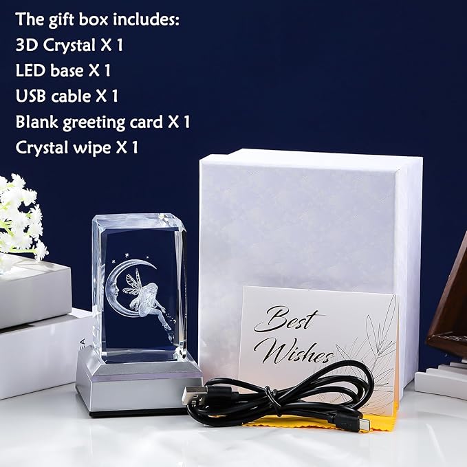 3D Crystal Cube Fairy & Moon Figurines Night Light Room Decor Engraved Glass Fairy Gifts for Girls Adults Women, Collectible Paperweight Statue Ornament