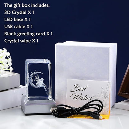3D Crystal Cube Fairy & Moon Figurines Night Light Room Decor Engraved Glass Fairy Gifts for Girls Adults Women, Collectible Paperweight Statue Ornament