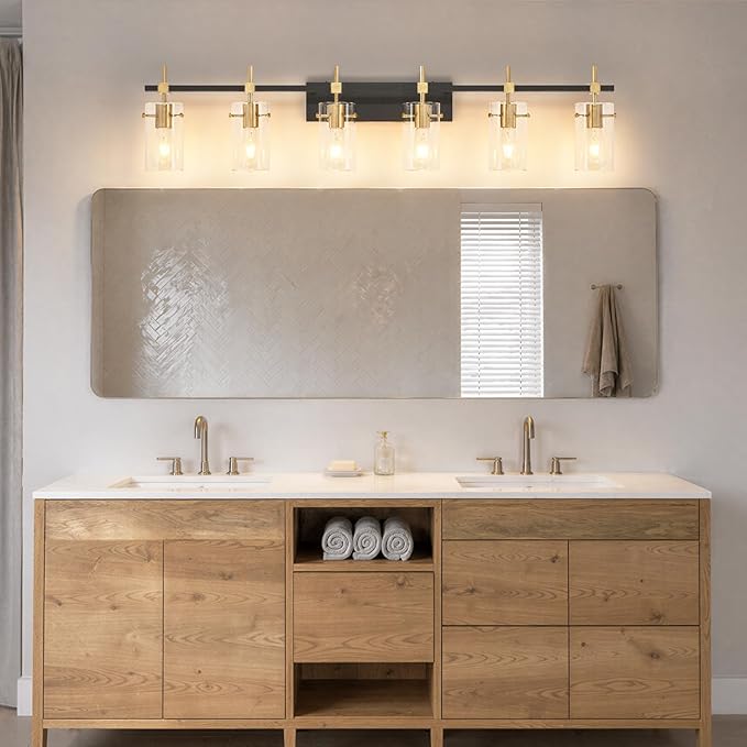 SOLFART 49.2 inch Vanity Light fixtures Vintage 6 Lights Wall Light Fixtures Above Mirror for Bathroom Brass and Black with Clear Glass Shade (Exclude Bulb)