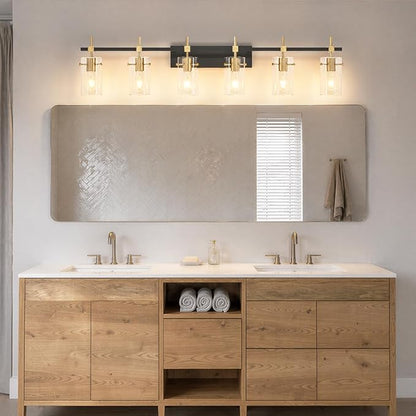 SOLFART 49.2 inch Vanity Light fixtures Vintage 6 Lights Wall Light Fixtures Above Mirror for Bathroom Brass and Black with Clear Glass Shade (Exclude Bulb)