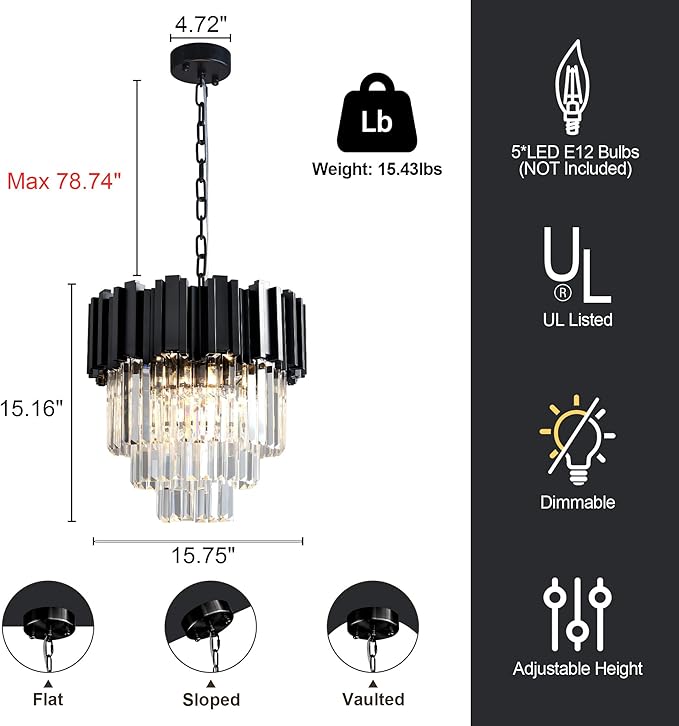 15.8" Black Crystal Chandelier, 5-Light Modern Chandelier, 3-Tier Round Pendant Light Fixture for Dining Room, Kitchen Island, Bedroom, Living Room, Foyer, Entryway, Small Crystal Chandeliers