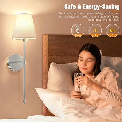 NIORSUN 19.9 inch Battery Operated Wall Sconce Set of 2,Brushed Nickel Rechargeable Wall Lights with 5200mAh Dimmable Detachable Bulbs and Remote,10 Colors Wireless Sconces for Bedroom Living Room