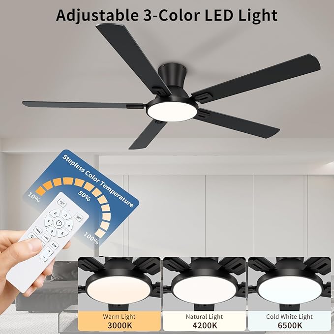 60 Inch Black Ceiling Fans with Lights and Remote, Flush Mount Low Profile 5 Blades Ceiling Fan with 10 Inch Lighting Fixture, Quiet Reversible DC Motor for Living Room, Bedroom and Patio
