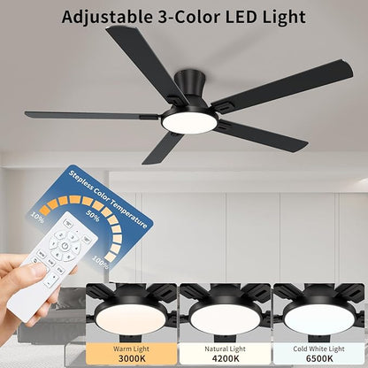 60 Inch Black Ceiling Fans with Lights and Remote, Flush Mount Low Profile 5 Blades Ceiling Fan with 10 Inch Lighting Fixture, Quiet Reversible DC Motor for Living Room, Bedroom and Patio