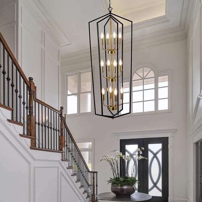Lanhall 12-Light Lantern Tired Foyer Entryway Hanging Lights Farmhouse High Ceiling Pendant Lights Industrial Chandelier for Hall Foyer Entryway Living Room-Brushed Brass