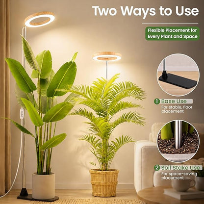 LBW Grow Lights for Indoor Plants, 6.3" Full Spectrum Plant Light with Base, 65" Height Adjustable Grow Lamp, 6/8/12/16H Timer, 3 Color, 5 Dimmable Level, for Tall Large Plants, Bamboo Grain, 3 Pack