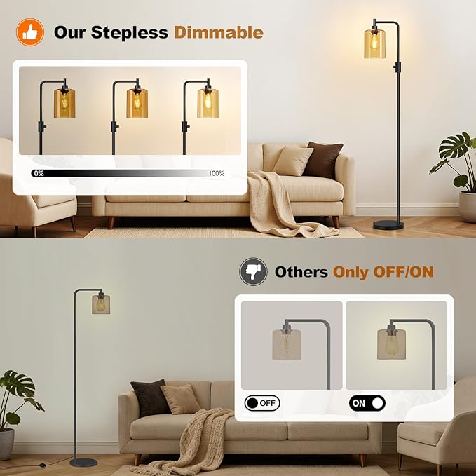 【Upgraded】Dimmable Floor Lamps for Living Room with Amber Glass Shade, Modern Industrial Floor Lamp with 900LM Bulb Included, Glass Standing Tall Lamp for Bedroom, Office, Reading Room, Corner, Black