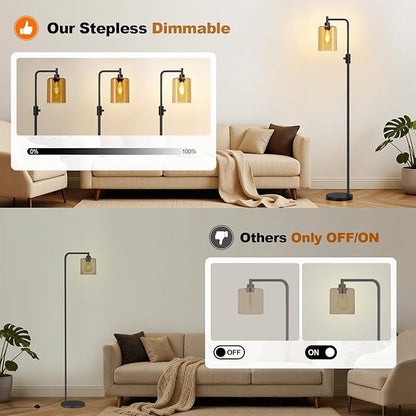 【Upgraded】Dimmable Floor Lamps for Living Room with Amber Glass Shade, Modern Industrial Floor Lamp with 900LM Bulb Included, Glass Standing Tall Lamp for Bedroom, Office, Reading Room, Corner, Black