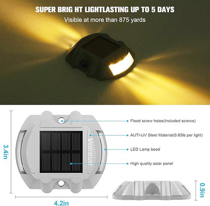 VOLISUN Solar Deck Lights Driveway Dock Lights, 4-Pack Led IP68 Waterproof Outdoor Warning Step Light for Driveway Sidewalk Garden Pathway Yard(Warm White)