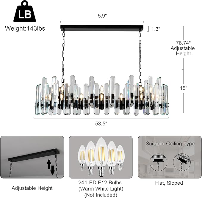 54" Black Rectangular Chandelier, 24-Light Modern Crystal Chandelier for Dining Room, Kitchen Island, Living Room, Luxury K9 Crystal Adjustable Chain Chandelier Light Fixture