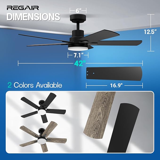 Ceiling Fan with Light 42-Inch, Remote Control Reversible DC Motors, 3CCT Dimmable Timer Noiseless, Black Ceiling Fan for Bedroom Living Room, Indoor&Outdoor ETL Listed