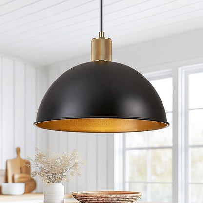 12 Inch Black Dome Pendant Lights 3 Pack for Kitchen Island, Height Adjustable Farmhouse Industrial Hanging Light Fixtures Over Table for Dining Room, Entryway
