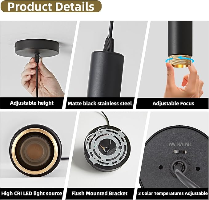 OKELI Modern Black LED Pendant Light for Kitchen Island, 1 Pack – Dimmable Zoomable Pendant, Adjustable Beam Angle, 3 Color Temps 2700K/4000K/6000K, Mini Hanging Light for Bar or Bedroom, 7W 15"