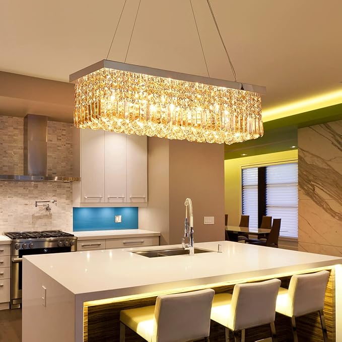 Saint Mossi 5-Lights Modern K9 Crystal Chandelier, Crystal Pendant Light Fixture, H9 x W10 x L31, Chain Adjustable Max 59“, Champagne Crystal & Chrome Finish