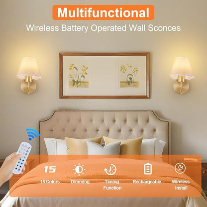 ADISUN Battery Operated Wall Sconce Set of 2, Gold Wall Lamps Rechargeable Bulbs for Living Room, Cream Rattan Shade, Wireless Wall Lights for Bedroom Living Room Hallway Kitchen(2 Bulbs Included)
